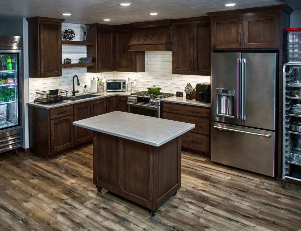 Modern kitchen with wood cabinets and island
